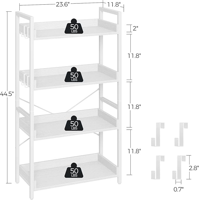 Rolanstar Bookshelf 4 Tier with 4 Hooks, Industrial Wood Bookcase, Vintage Storage Rack with Open Shelves, Rustic Standing Bookshelves Metal Frame Display Rack for Living Room, Bedroom, White