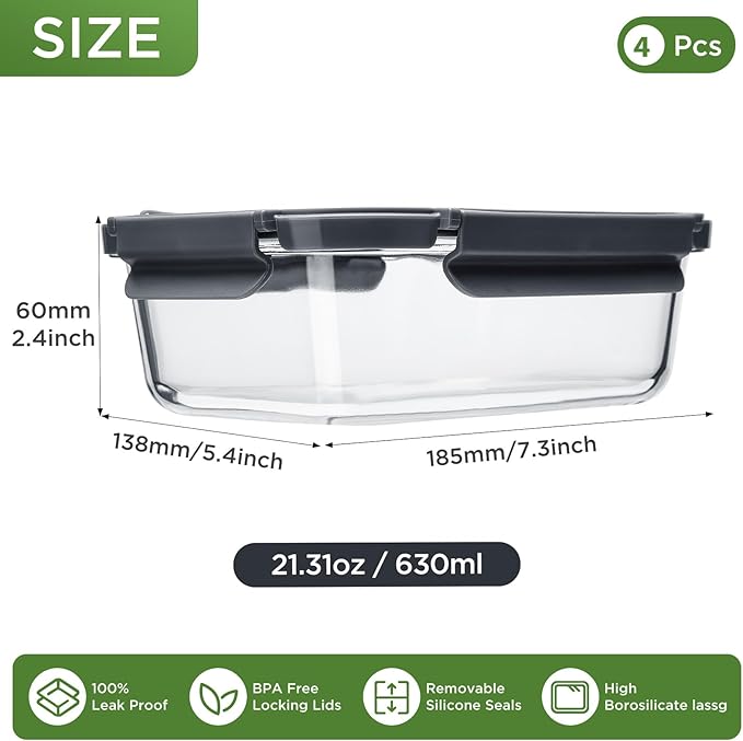 Glass Food Storage Containers with Glass Lids, 4 Pack of 22oz, Meal Prep Container with Airtight Lids, Microwave Safe Food Container Set, BPA Free, LeakProof, Ideal for Lunch