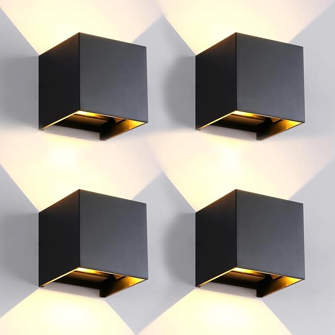 4 Pack LED Outdoor Wall Lights Exterior/Interior 3 Colors Adjustable 15W Wall Light Fixture IP65 Waterproof Porch Exterior Wall Sconce Modern Outdoor Lighting Square Aluminum Black Up and Down Lights