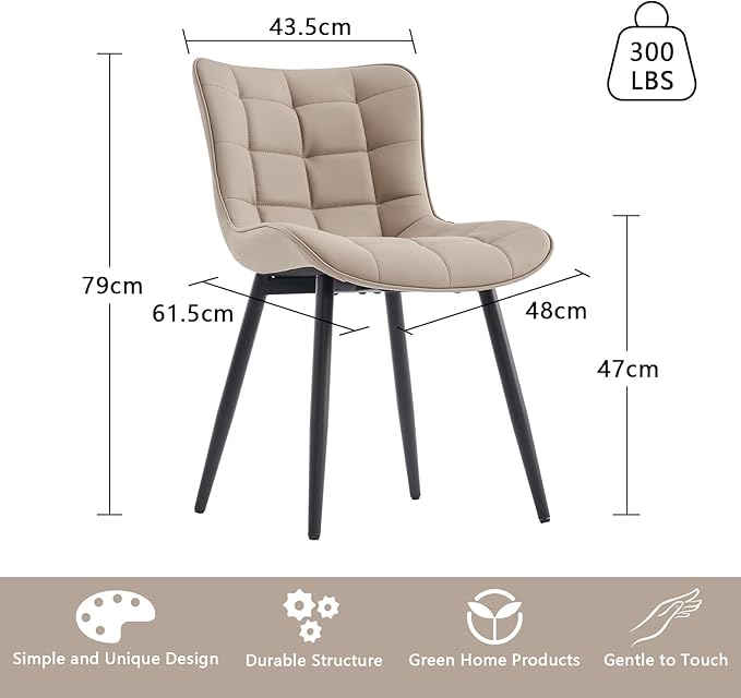 YOUTASTE Khaki Dining Chairs Set of 2, Comfy Faux Leather Upholstered Kitchen Chairs with Black Metal Legs, Mid-Century Modern Design, Accent Chair for Dining Room, Bedroom, Reception
