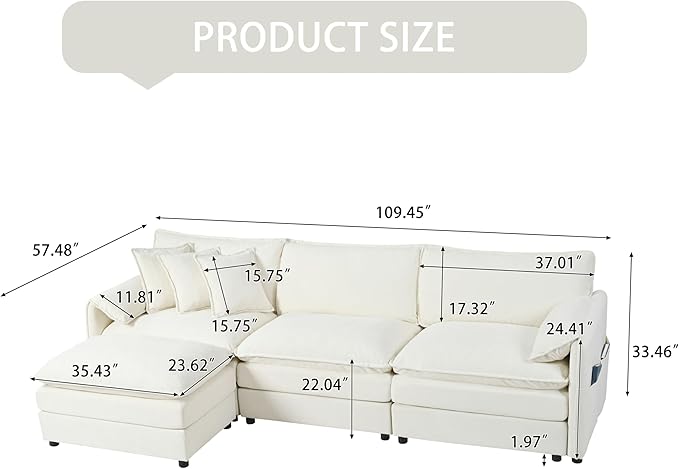 109.45" Modular Sectional Sofa,L Shaped Couch for Living Room,Modern Deep Seat Sofa 3 Seater Comfy Cloud Couchse Chenille Fabric with Throw Pillows & Movable Ottoman