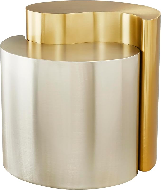 Modern Contemporary Luxury Ying-Yang 20" Height End Table Set, Sculptural Design with Aluminum Frame for Living Room, Entryway, Home & Office, Gold & Silver Dual Tone End Table