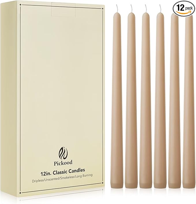 New Burning Formula Unscented Dripless 12-Inch Taper Candles Set of 12 - Beige, for Wedding, Dinner - Smokeless, Long Burning - Hand Poured, Colored Tall Candlesticks - Beige
