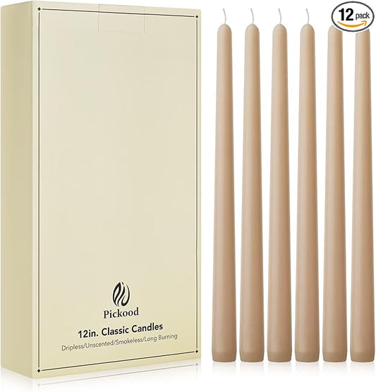 New Burning Formula Unscented Dripless 12-Inch Taper Candles Set of 12 - Beige, for Wedding, Dinner - Smokeless, Long Burning - Hand Poured, Colored Tall Candlesticks - Beige