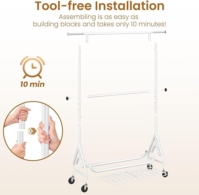 Heavy Duty Clothes Rack for Hanging Clothes, Double Rods Clothing Rack with Lockable Wheels, Rolling Metal Garment Racks Heavy Duty, Portable Wardrobe Closet Racks, White