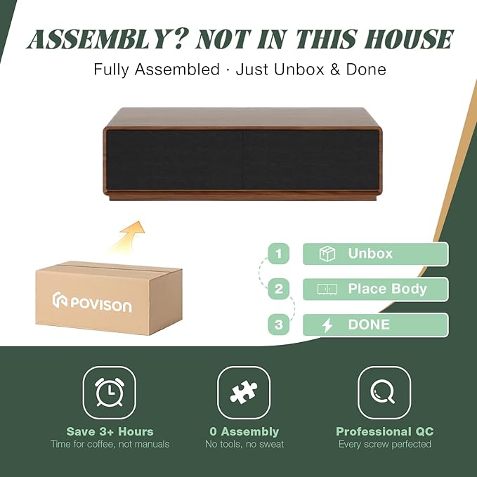 POVISON Modern Coffee Table for Living Room, 51 inch Square Coffee Table with Storage, 4-Drawers Wood Table, Full-Assembled, Walnut and Black