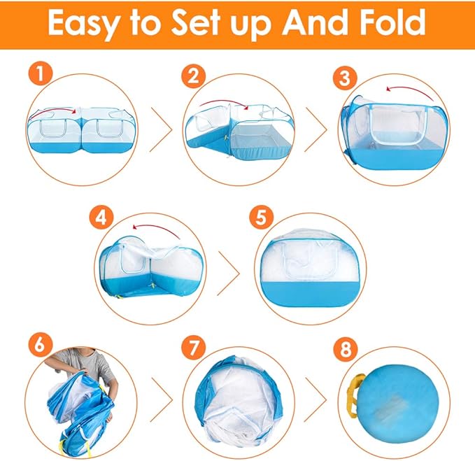 SlowTon Small Animals Playpen, Portable Large Chicken Run Coop with Detachable Bottom Breathable Transparent Mesh Walls, Foldable Pet Enclosure for Puppy Kitten Rabbits Indoor Outdoor(BL,Flat Top)