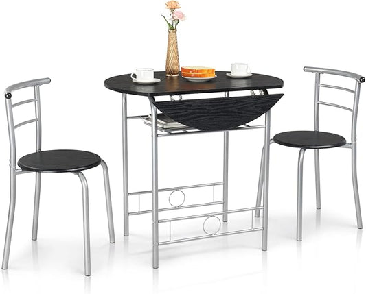 VINGLI 31.5" Drop Leaf Dining Table Set 3 Pieces for Small Space,Small Kitchen Table Set for 2,Round Folding Dining Table with 2 Chairs for Home,Kitchen,Apartment,Silver&Black