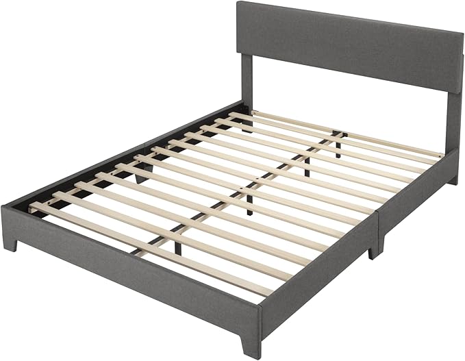 Allewie Queen Bed Frame with Adjustable Headboard, Upholstered Platform Bed with Wood Slats, Heavy Duty Mattress Foundation, No Box Spring Needed, Noise-Free, Easy Assembly, Dark Grey