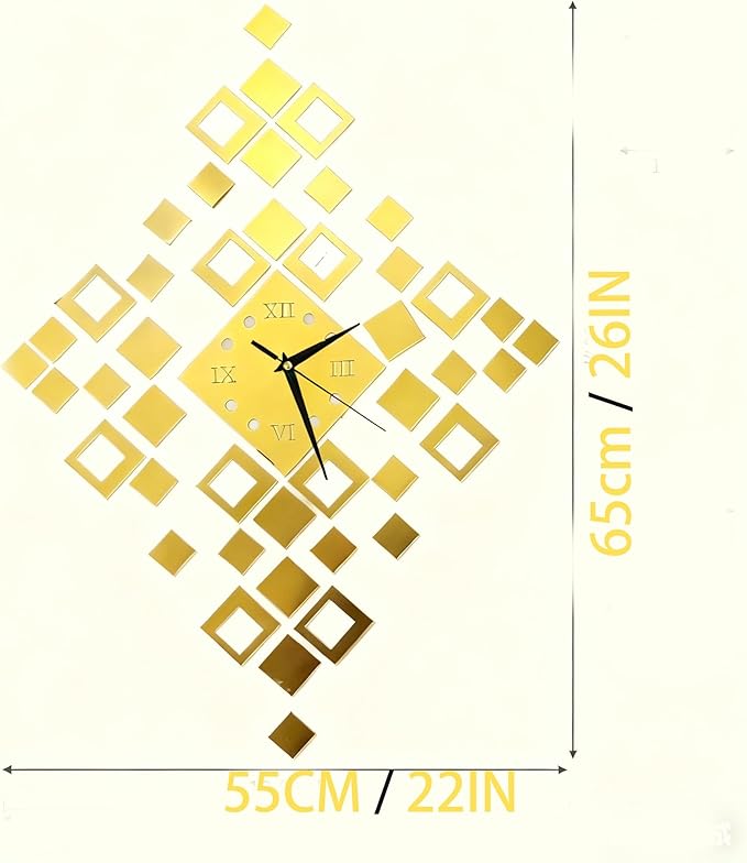 Frameless DIY Wall Clock – Large Modern 3D Mirror Wall Clock with Numbers Stickers, DIY Clock Kit for Home, Living Room, Bedroom, Office Wall Decor(Gold)