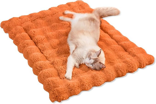 Cat Beds for Indoor Cats Faux Fur Pet Pad Mat Plush Kitten Bed with Non-Slip Bottom for Carriers/Couch Dog & Puppy Friendly 23 x 15 Inch Medium Orange