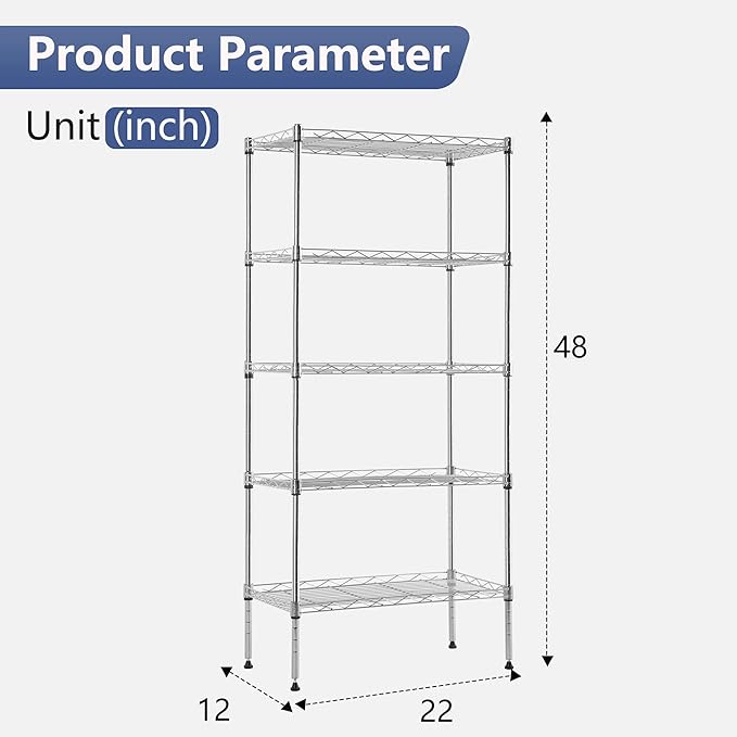 FDW 5 Tier 22L x 12W x 48H Pantry Shelves Adjustable Metal Shelves NSF Storage Rack Shelving Units for Kitchen Garage Small Places Commercial,Chrome