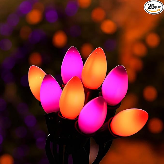 Halloween Purple Orange String Lights Outdoor 25Ft, 25 C7 LED Purple Orange Bulbs with 2 Spare, Connectable Waterproof Patio Porch Yard Fence Pathway Lights for Haunted House Party Decorations