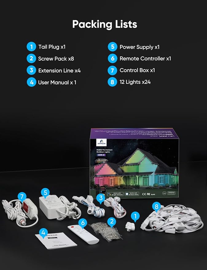 APPECK Permanent Outdoor Lights 400ft with 288 LED Lights, 144W Smart RGBW Eaves Lights, DC 36V, 40LM, IP67 Waterproof String Lights for Halloween Christmas Decor, Compatible with Alexa, White