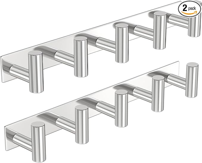 PMMASTO Coat Rack Wall Mounted, 5 "T Shaped Wall Hooks for Hanging, Heavy Duty Stainless Steel Coat Hook Rail for Hat Towel Robes in Bathroom Kitchen Mudroom Entryway (Silver, 2 Pack)