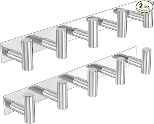 PMMASTO Coat Rack Wall Mounted, 5 "T Shaped Wall Hooks for Hanging, Heavy Duty Stainless Steel Coat Hook Rail for Hat Towel Robes in Bathroom Kitchen Mudroom Entryway (Silver, 2 Pack)