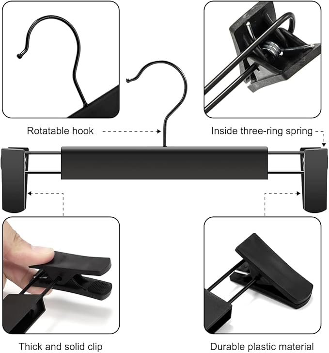 Clothes Pants Hangers, Space-Saving Skirt Holders with 360 ° Swivel Hooks, Adjustable Clips, Trouser Hangers, Clothes Coat Garment Jeans Hangers (30 Pack, Black)