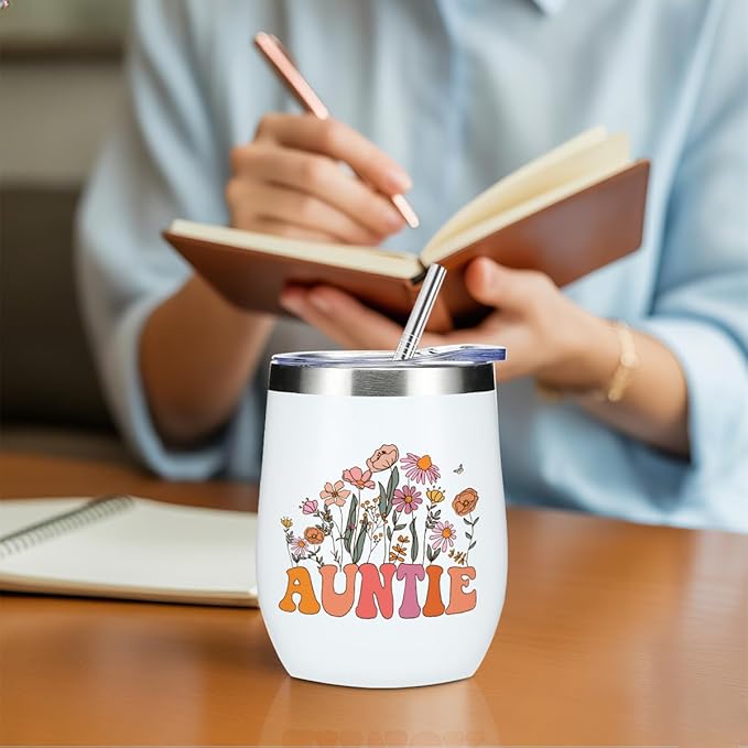 Auntie Gifts Wine Tumbler 12 oz Insulated Wine Glass Cup with Lid Straw Vacuum Insulated Travel Cup,Mothers Day Aunt Birthday Gifts From Niece Best Gift for Women Nana Yaya Christmas Halloween