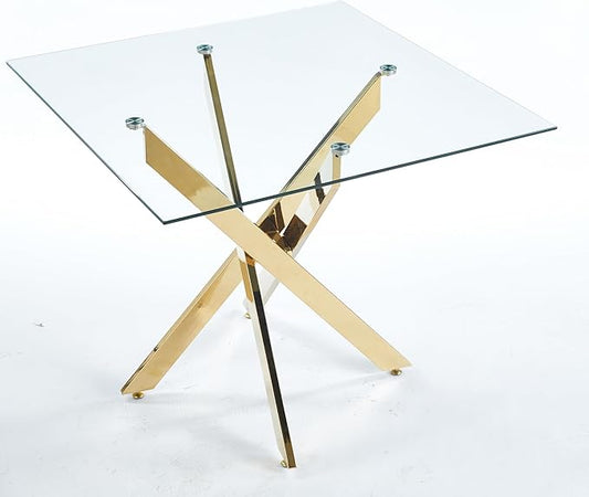 36" Square Dining Table for 4, Modern Clear Glass Kitchen Table for 4 with Gold X Metal Legs, Contemporary Small Glass Dining Room Leisure Tables for Kitchen Apartment