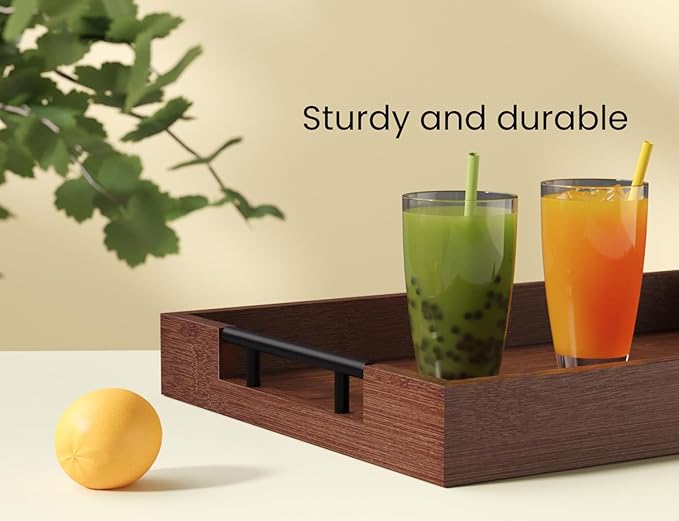 Bamboo Set of 2 Serving Tray with Metal Handles,Ottoman Decorative Trays Platter for Coffee Table,Living Room,Bar,Party(Brown)