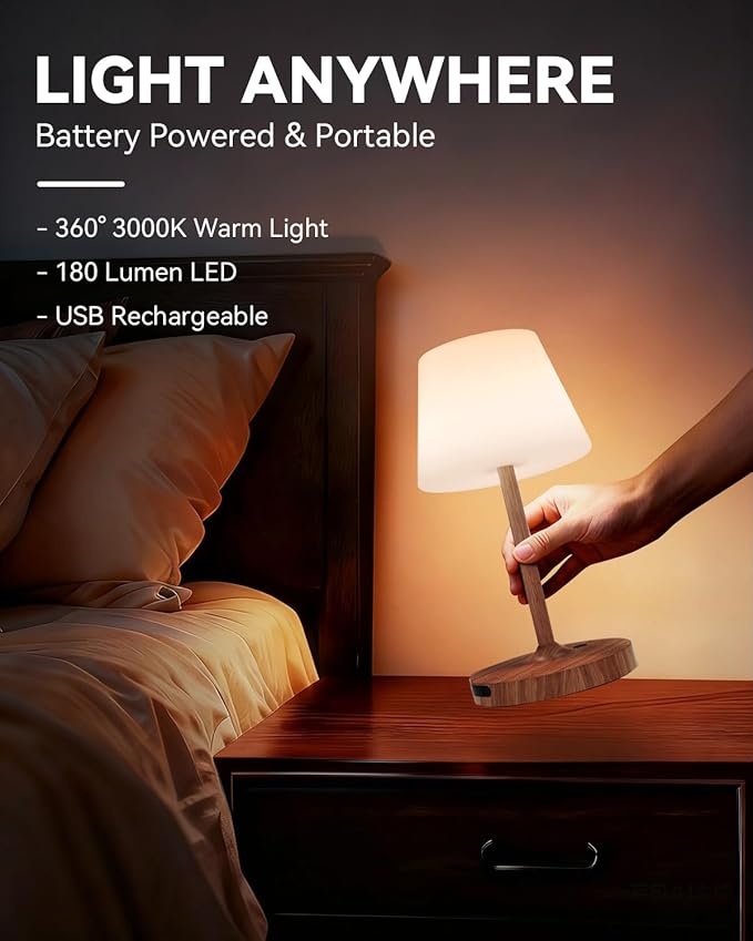 Outdoor Waterproof Shower Lamp, 5200mAh Cordless Rechargeable Table Lamp with Touch Dimming, IP65 Wireless LED Night Light for Patio, Camping, Bathroom, Restaurant & Kitchen (Dark Walnut)