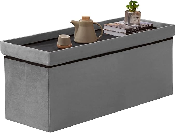 BRIAN & DANY 43 Inches Folding Storage Ottoman Bench, Velvet Ottoman with Storage for Living Room, Long Shoes Bench,Flannelette Footrest Benches Seat (Grey)