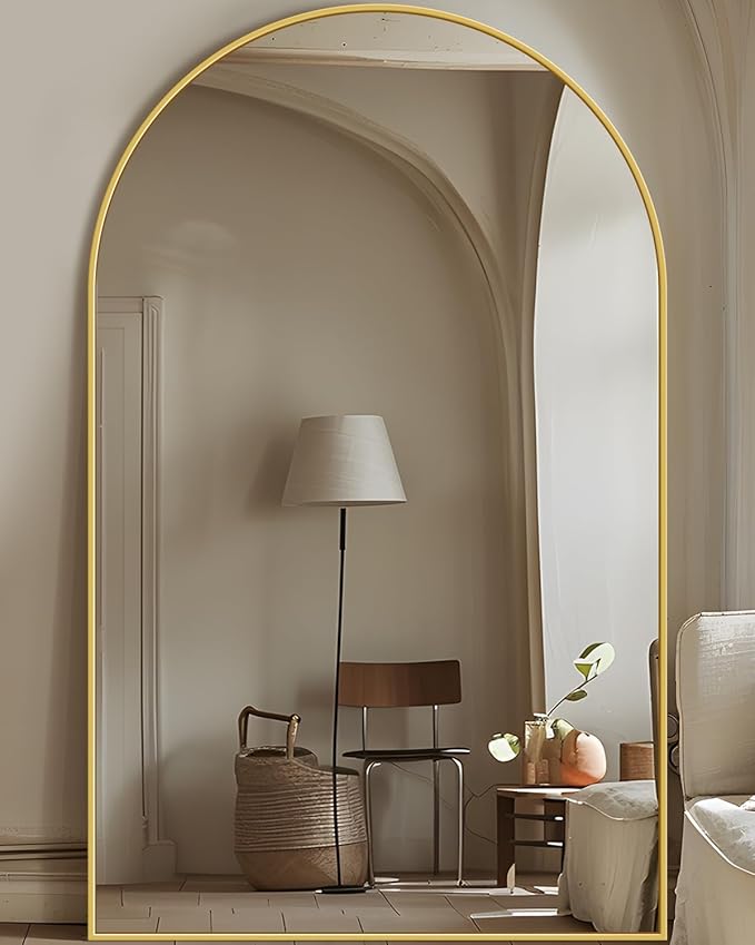 Full Length Mirror, 72"x44" Floor Mirror Freestanding, Oversized Floor Standing Mirror Full Body Mirrors with Stand for Bedroom, Hanging Mounted Mirrors for Living Room Cloakroom, Gold, Arched