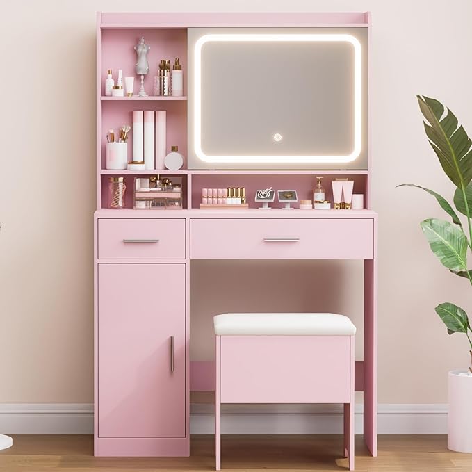 Vanity Desk with Sliding Mirror & Power Outlets - Dimmable LED Lighting, 4 Open Shelves, 2 Drawers, 1Storage Cabinet & Padded Stool - Ideal Bedroom Makeup Dressing Table （Pink）