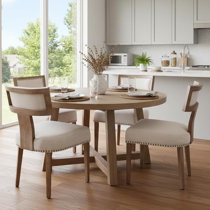 Mid Century Modern Dining Chairs Set of 4 Upholstered Linen Fabric Kitchen Dining Side Chairs with Nailhead Trim, Modern Kitchen Armless Solid Wood Dining Chairs, Beige