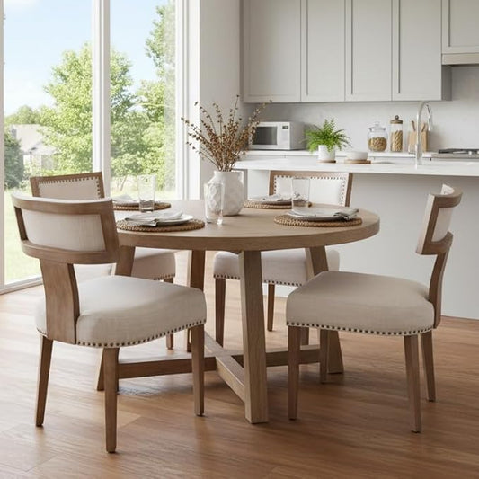 Mid Century Modern Dining Chairs Set of 4 Upholstered Linen Fabric Kitchen Dining Side Chairs with Nailhead Trim, Modern Kitchen Armless Solid Wood Dining Chairs, Beige