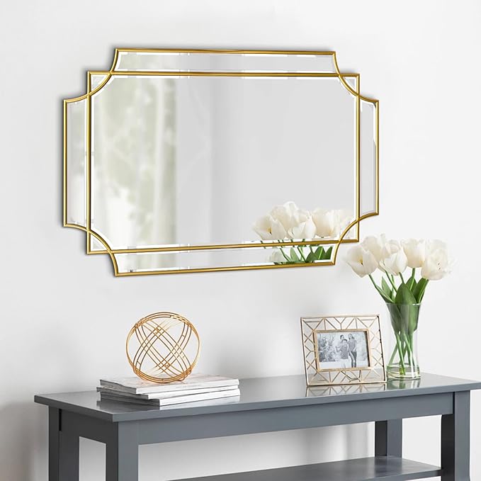 Rectangle Beveled Mirror, 36"x24" Bathroom Vanity Mirrors for Over Sink, Modern Elegant Decorative Mirrors for Wall, Gold Wood Frame Mirrors for Living Room Bedroom Fireplace Entryway