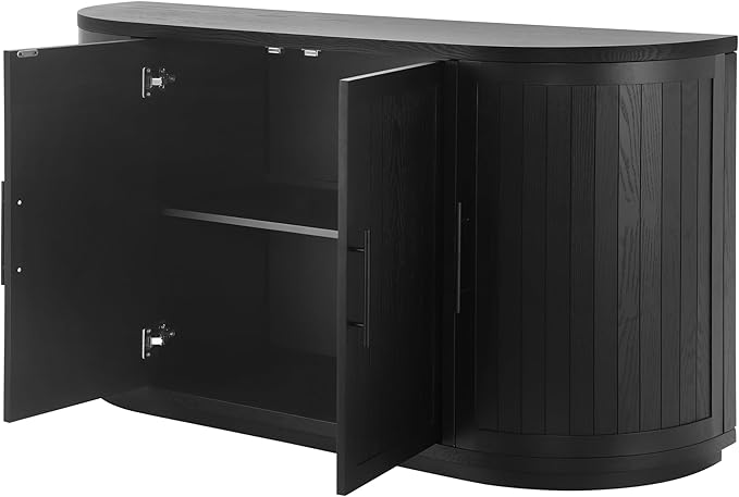 Christopher Knight Home Tian Modern Wooden Kitchen Sideboard Cabinet with Metal Handles, Living Room Storage Cabinet with Shelves, Spacious Dining Room Cupboard with 4 Doors, Curved Form, Black