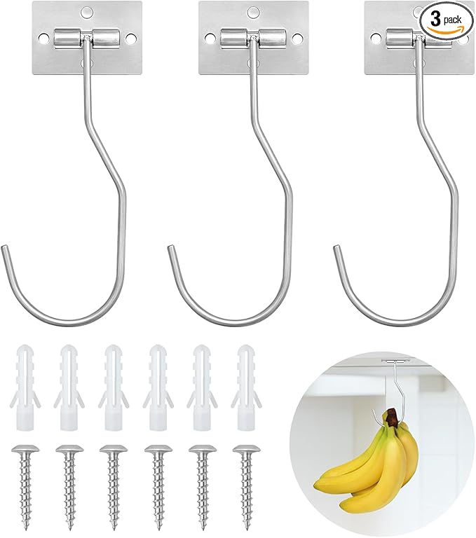 Banana Hanger Hook – Space Saving Banana Holder Hanger to Keep Bananas Fresh, Self Adhesive and Screw Banana Hook 3Pack Silver