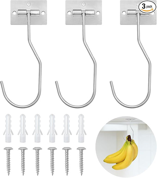 Banana Hanger Hook – Space Saving Banana Holder Hanger to Keep Bananas Fresh, Self Adhesive and Screw Banana Hook 3Pack Silver