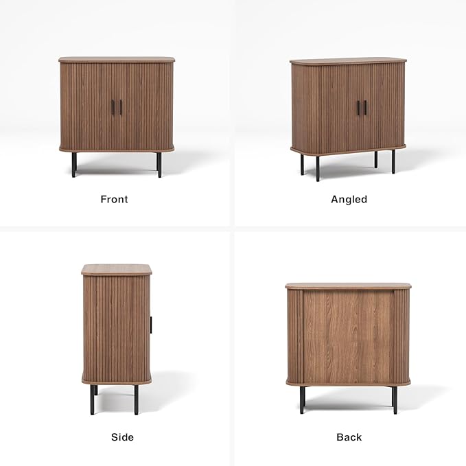 31''W Walnut Buffet Sideboard Cabinet with Storage, Fluted Accent Storage Cabinet with Curvy Edge, Sliding Door, Freestanding Credenza, Console Table for Living Room, Kitchen, Hallway