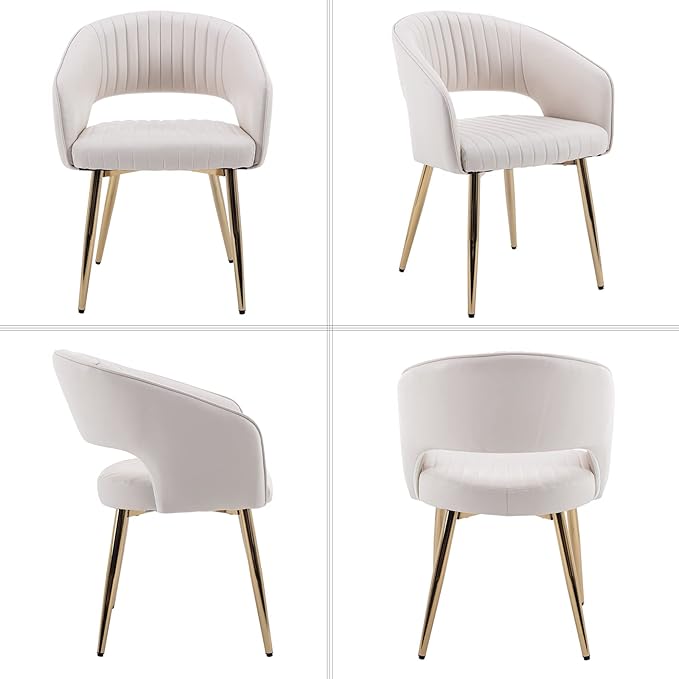 Modern Dining Chairs Set of 2, Upholstered PU Leather Gold Dining Room Chairs with Hollow Back, Accent Armrest Kitchen Chairs with Gold Legs for Living Room Cream