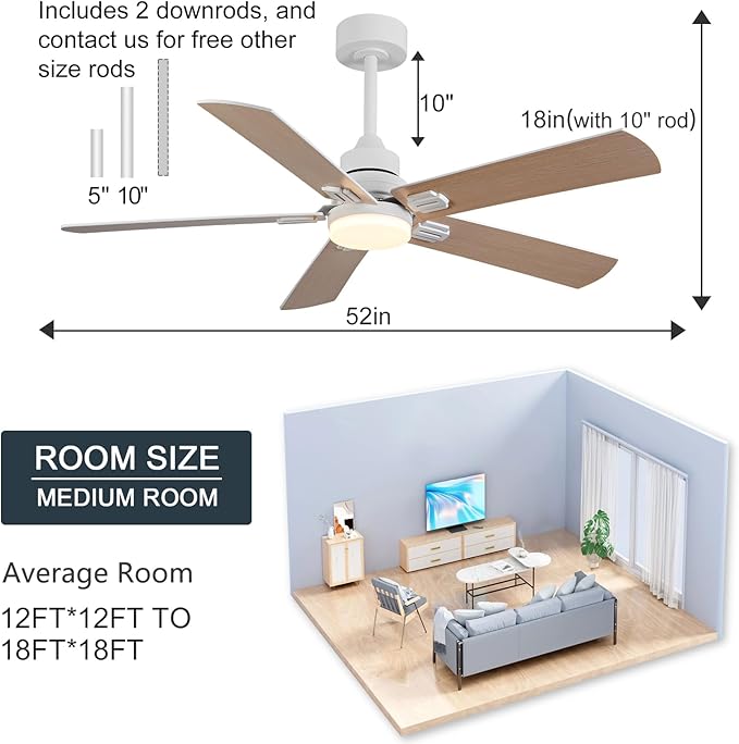 BOOMJOY Ceiling Fan, 52 Inch Modern White with LED Light, Indoor/Outdoor, Quiet Reversible DC Motor, 5 Blades, Remote Control, Suitable for Living Room, Patio, Bedroom