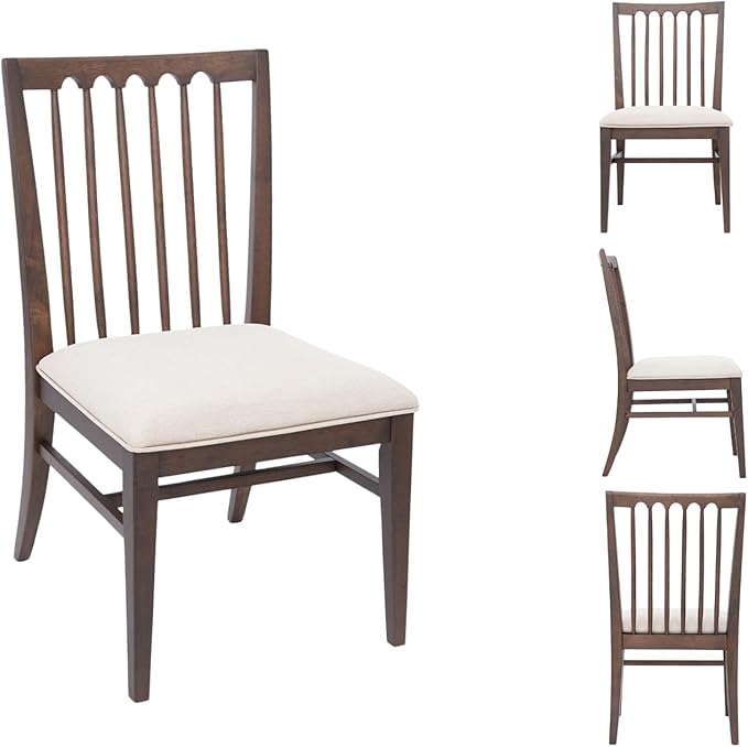 chairus Upholstered Dining Chairs Set of 6, Walnut Wooden Barrel Kitchen Chairs with Slat Back Double-Layer Cushion Farmhouse Accent Chairs for Dining Room/Living Room/Restaurant, Linen Beige