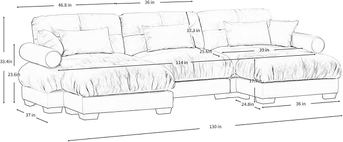 130" Oversized 3 Seater Modular Sectional Sofa, Blue Large U Shaped Couch for Living Room, Fluffy Velvet Cloud Set With Ottoman