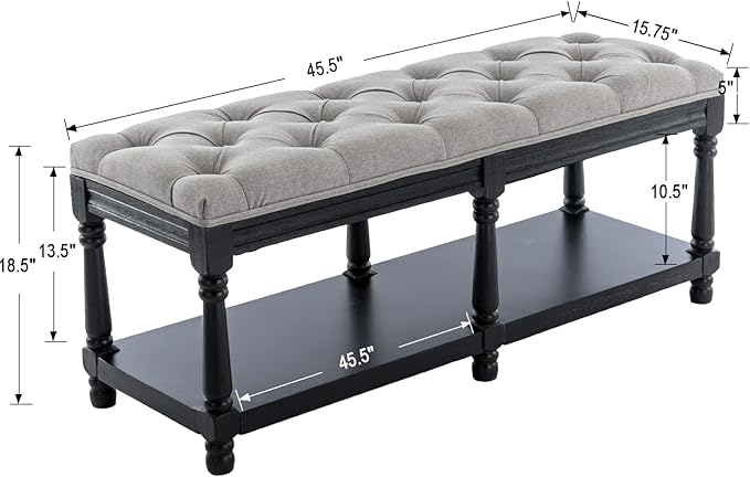 Kmax Storage Entryway Bench Tufted Shoe Rack Bench Black Wood Window Bench for Hallway Entrance Bedroom Corner, Grey