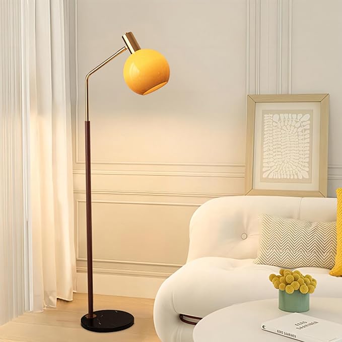 MIXL-Walnut Wood Finish Floor Lamp with Orange Shade,Dimmable Led Glass Standing Lamp,Farmhouse Style Floor Reading Lamps for Living Room Bedroom and Office