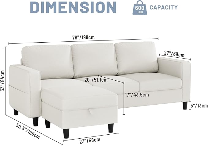 Sectional Sofas Couches for Living Room Convertible 3 Seater L Shaped Couch with Removable Storage Ottoman 78" Modern Linen Beige Sofa for Apartments Studios Dorms Small Spaces