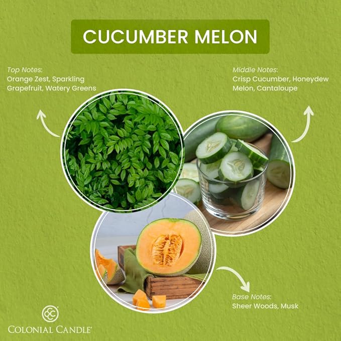 Colonial Candle Cucumber Melon Scented Jar Candle, Pop of Color Collection, 3 Wick, Green, 14.5 oz - Up to 60 Hours Burn