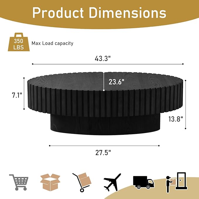 Oval Drum Coffee Table 43.3" Wooden Coffee Tables Handcrafted Fluted Drum Coffee Table Mid Century Modern Luxury Center Table Vintage Farmhouse Center Table for Living Room (Oval Black)