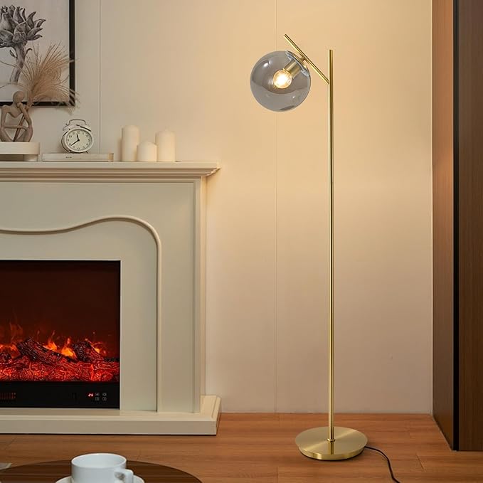 Farmhouse Floor Lamp Retro Smoky Gray Glass Standing Tall Lamps Vintage Brass Freestanding Floor Lamps Adjustable Globe Floor Lamp for Office Bedroom