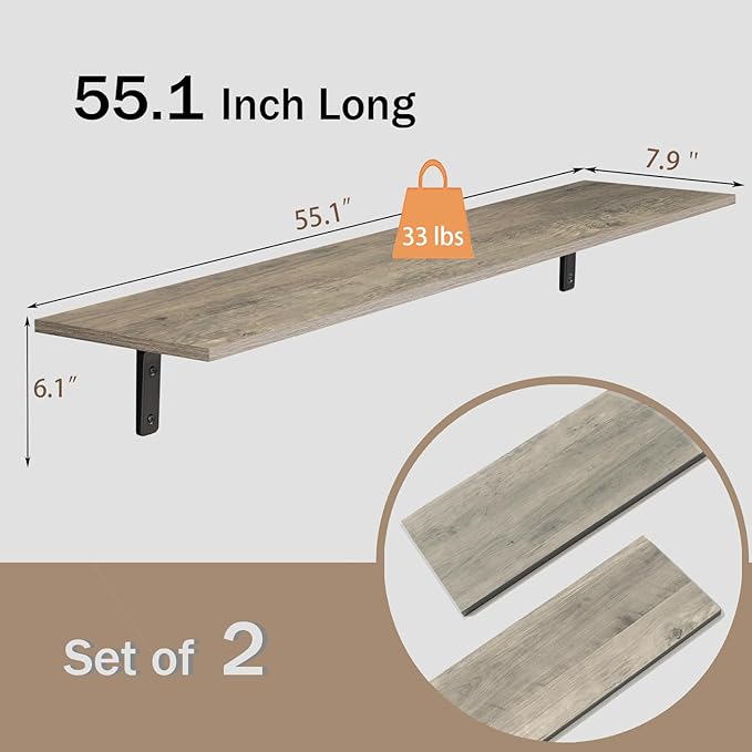 DINZI LVJ Long Wall Shelves, 55.1Inch Wall Mounted Shelves Set of 2, Extra Large Floating Storage Ledges with Sturdy Metal Brackets for Living Room, Bathroom, Bedroom, Kitchen, Gray Wash