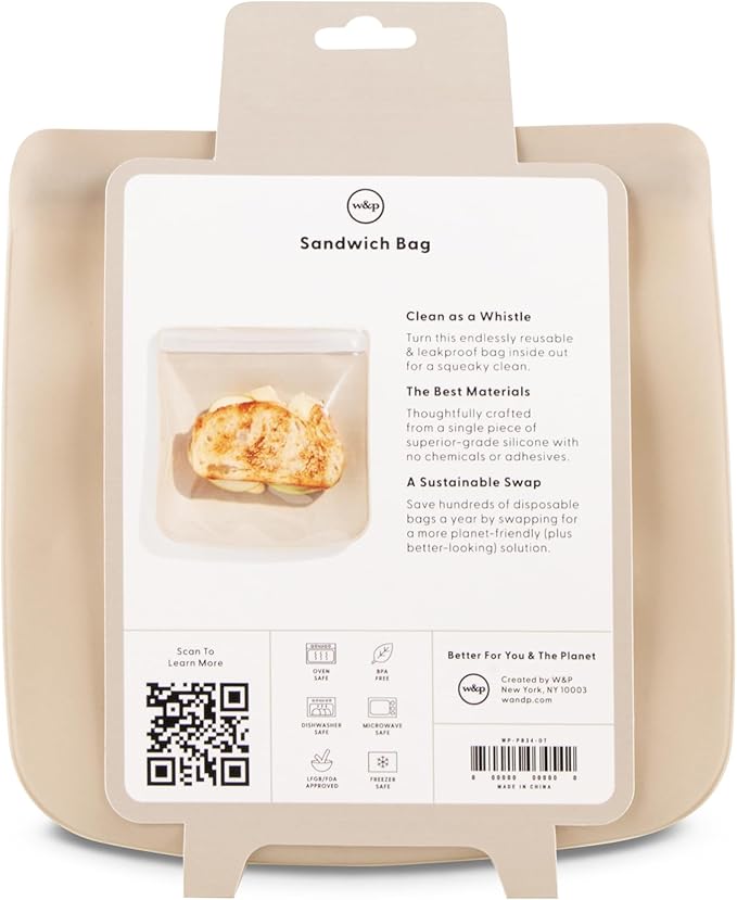 W&P Porter Silicone Reusable Storage Bag, Sandwich (34oz Flat), Oat, Food Storage Container, Microwave and Dishwasher Safe, Easy Cleaning