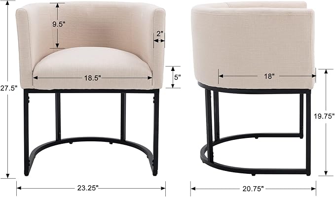Linen Fabric Dining Chairs Set of 2 - Modern Barrel Arm Chair With Black Frame, Upholstered Kitchen Seat 18.5" Wide for Living Room, Restaurant, Cream