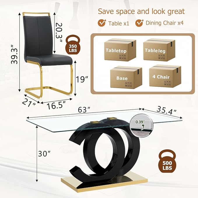 63'' Glass Dining Table Set for 4, Kitchen Table Chairs Set of 4, Clear Glass Dining Table with Black unique design Leg and Gold Metal Base, 4 PU Dining Chairs with Metal Legs, Living Room, Kitchen.