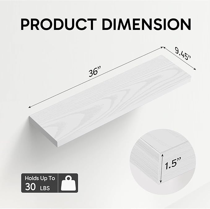BAYKA White Floating Shelves for Wall, 36 inches Wall Mounted Rustic Wood Shelves for Bathroom, Bedroom, Living Room, for Book/Storage/Decor（Set of 3）